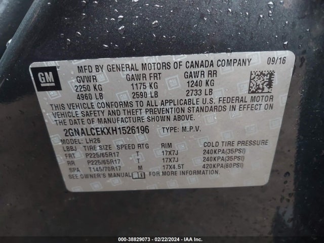 Chevrolet EQUINOX LT 2017 2GNALCEKXH1526196 Image 9