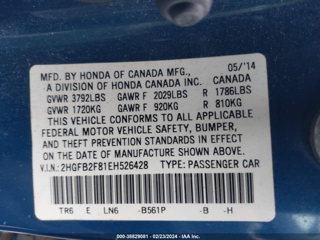 Honda CIVIC EX 2014 2HGFB2F81EH526428 Image 9