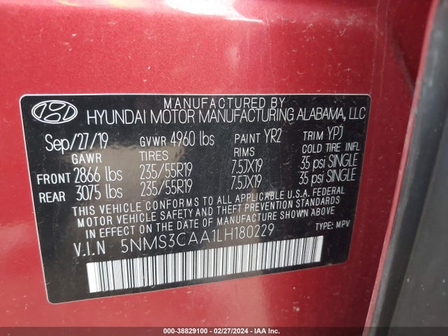 Hyundai Santa Fe Sel 2.0t 2020 5NMS3CAA1LH180229 Image 9