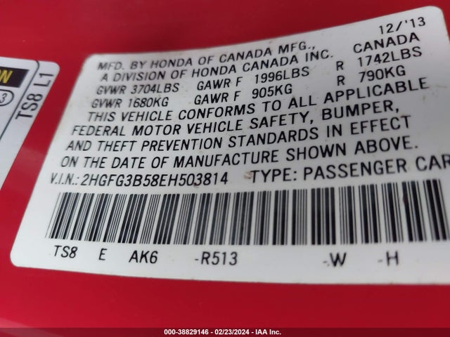 Honda Civic Lx 2014 2HGFG3B58EH503814 Image 9