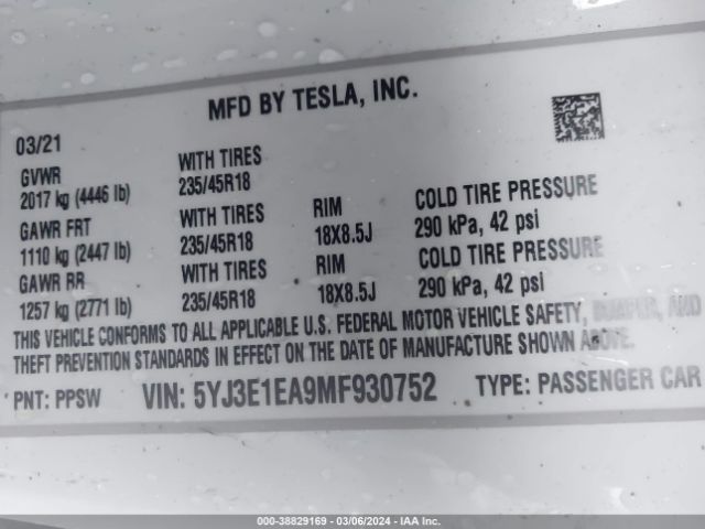 5YJ3E1EA9MF930752 Tesla Model 3 Standard Range Plus Rear-wheel Drive