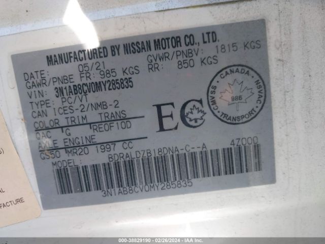 3N1AB8CV0MY285835 Nissan Sentra Sv Xtronic Cvt