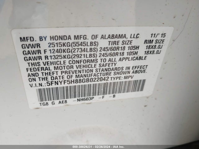 Honda Pilot Ex-l 2016 5FNYF5H88GB022042 Image 9