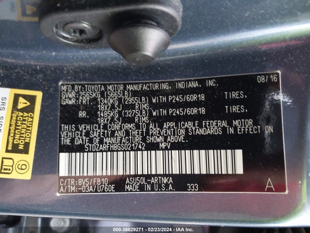 Toyota Highlander Le 2016 5TDZARFH8GS021742 Image 9