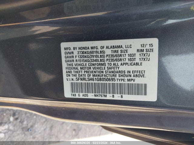 Honda Odyssey Ex-l 2016 5FNRL5H61GB050695 Image 9