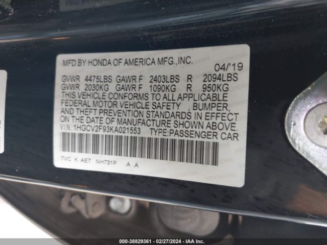 1HGCV2F93KA021553 Honda Accord Touring 2.0t
