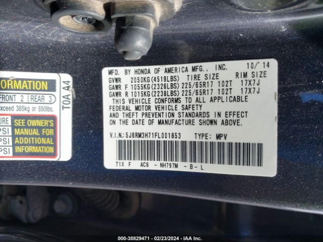 5J6RM3H71FL001853 Honda Cr-v Ex-l