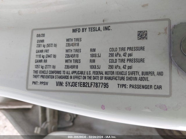 5YJ3E1EB2LF787795 Tesla Model 3 Long Range Dual Motor All-wheel Drive