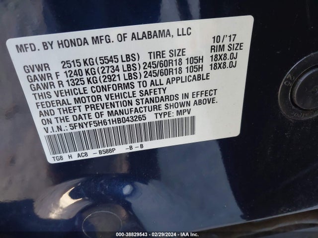 Honda Pilot Ex-l 2017 5FNYF5H61HB043265 Image 9