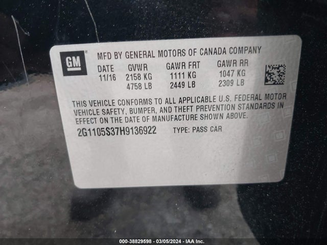 Chevrolet IMPALA 1LT 2017 2G1105S37H9136922 Image 9