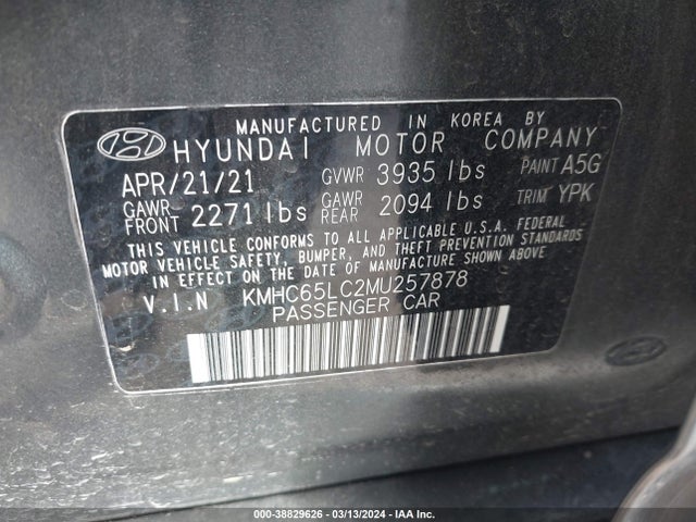 Продаж на аукціоні авто 2021 Hyundai Ioniq Hybrid Blue, vin: KMHC65LC2MU257878, номер лоту: 38829626