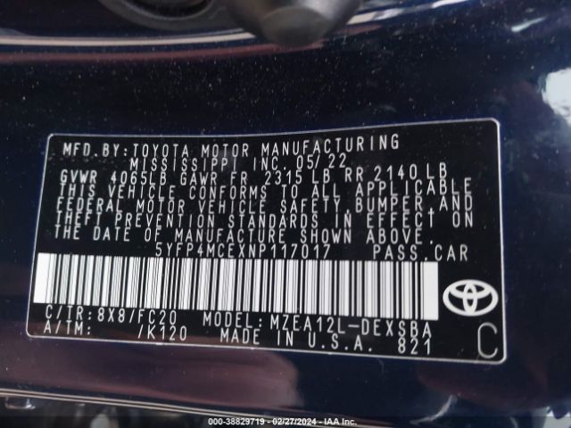 5YFP4MCEXNP117017 Toyota COROLLA SE