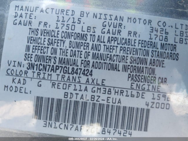 Nissan Versa 1.6 Sv 2016 3N1CN7AP7GL847424 Image 9