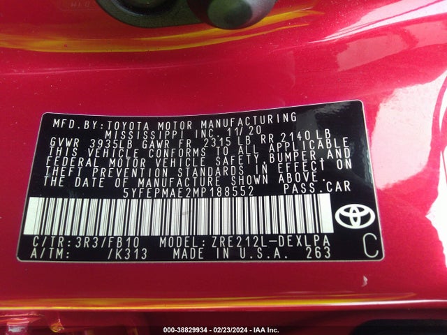 Toyota COROLLA LE 2021 5YFEPMAE2MP188552 Image 9
