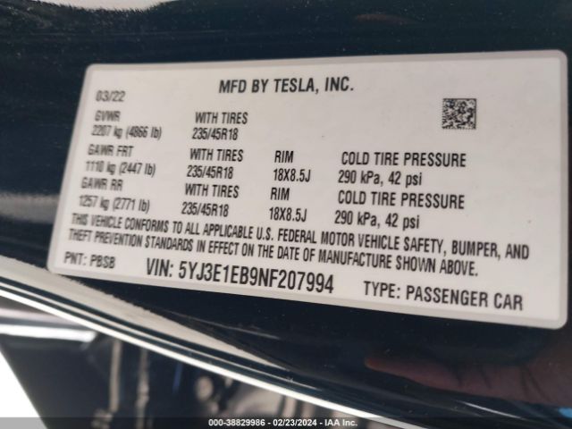 5YJ3E1EB9NF207994 Tesla MODEL 3