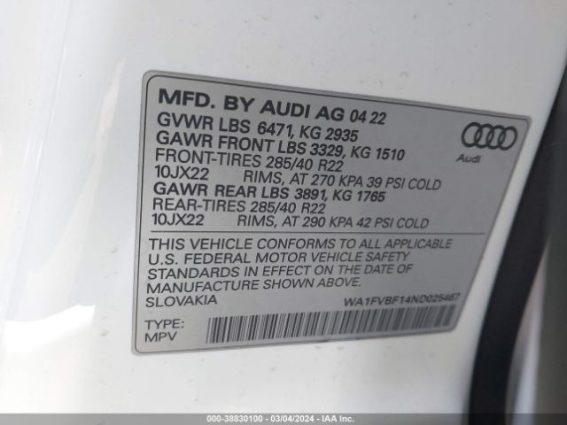 WA1FVBF14ND025467 Audi Q8 Prestige 55 Tfsi Quattro Tiptronic