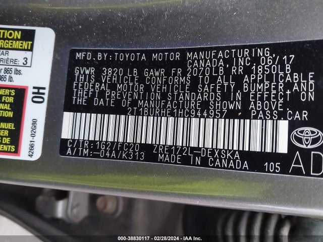Toyota COROLLA SE 2017 2T1BURHE1HC944957 Image 9