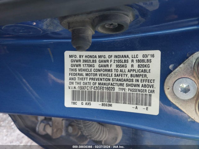 Honda Civic Ex-t 2016 19XFC1F43GE016020 Image 9