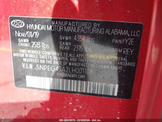 Hyundai SONATA SE 2020 5NPEG4JA2LH001108 Image 9