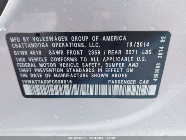 1VWAT7A39FC039316 Volkswagen Passat 1.8t S