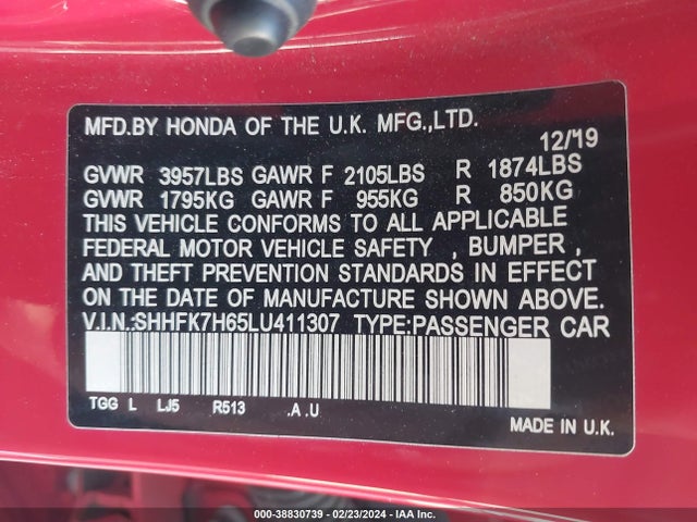 Honda CIVIC EX 2020 SHHFK7H65LU411307 Image 9
