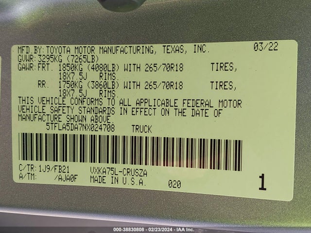 Toyota Tundra Sr5 2022 5TFLA5DA7NX024708 Image 9