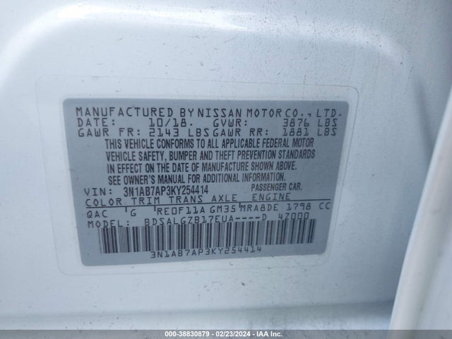 Nissan SENTRA SL 2019 3N1AB7AP3KY254414 Image 9