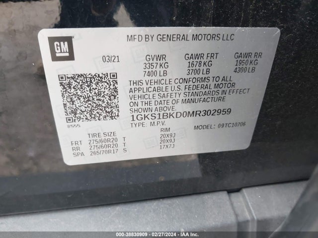 GMC Yukon 2wd Slt 2021 1GKS1BKD0MR302959 Image 9
