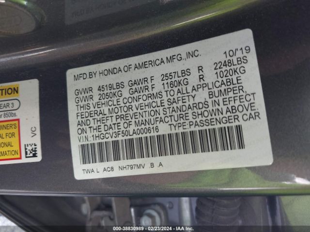 1HGCV3F50LA000616 Honda Accord Hybrid Ex-l