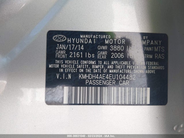 2014 HYUNDAI ELANTRA SE VIN: KMHDH4AE4EU104482