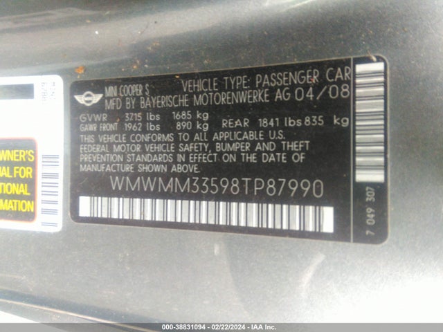 2008 MINI COOPER S CLUBMAN WMWMM33598TP87990 Photo 8