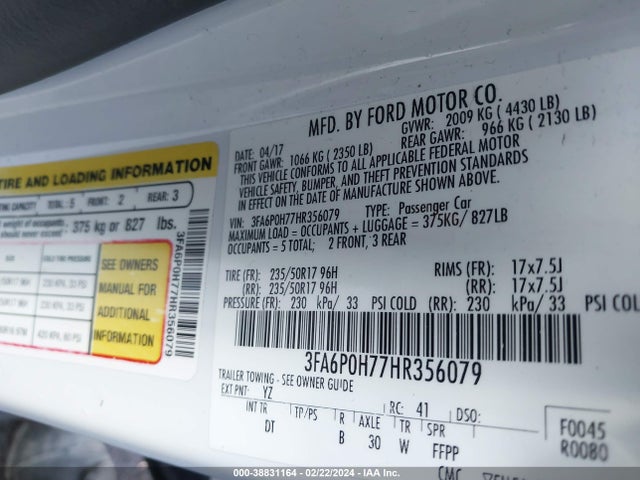 Ford FUSION SE 2017 3FA6P0H77HR356079 Image 9