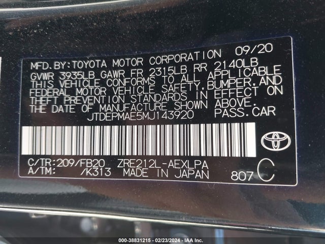 Toyota COROLLA LE 2021 JTDEPMAE5MJ143920 Image 9