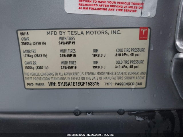 Tesla Model S 60/70/75/85 2016 5YJSA1E18GF153315 Image 9
