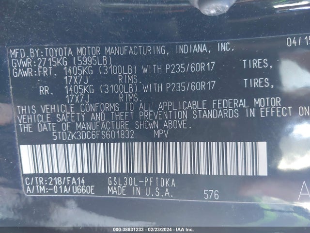 Toyota Sienna L 7 Passenger 2015 5TDZK3DC6FS601832 Image 9