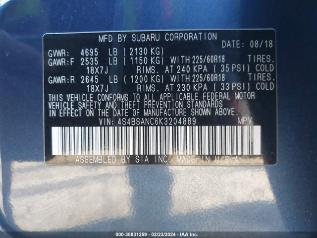 Subaru Outback 2.5i Limited 2019 4S4BSANC6K3204889 Image 9