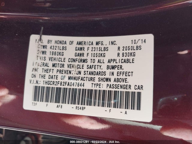 Honda Accord Ex-l 2015 1HGCR2F82FA047644 Image 9