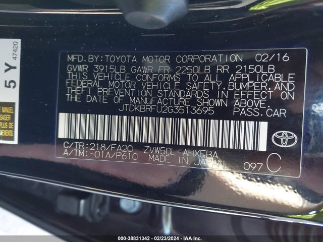 Toyota Prius Two 2016 JTDKBRFU2G3513695 Image 9