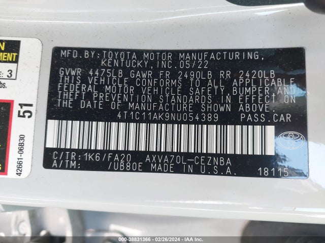 Toyota CAMRY LE 2022 4T1C11AK9NU054389 Image 9