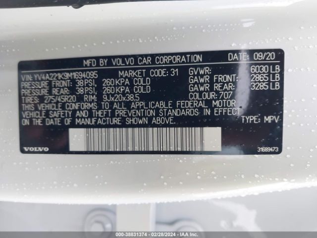 YV4A221K9M1694095 Volvo Xc90 T6 Momentum 6 Passenger