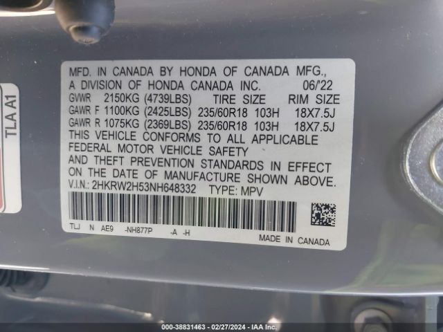 2HKRW2H53NH648332 Honda Cr-v Awd Ex