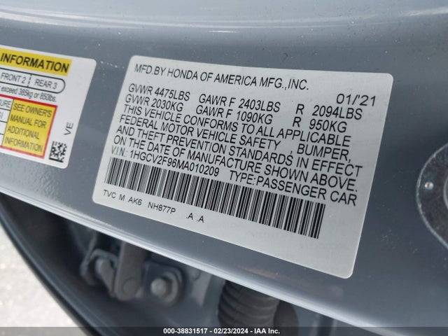 Honda Accord Touring 2021 1HGCV2F96MA010209 Image 9