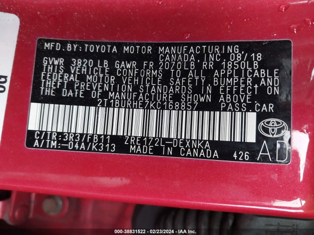 Toyota COROLLA LE 2019 2T1BURHE7KC168857 Image 9