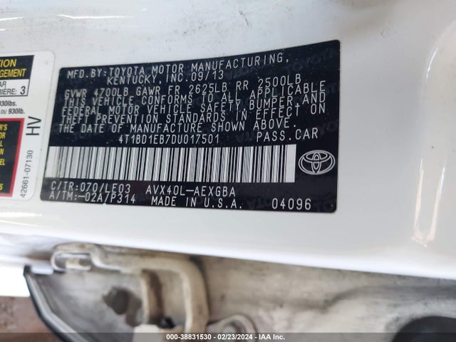 2013 TOYOTA AVALON HYBRID XLE TOURING VIN: 4T1BD1EB7DU017501
