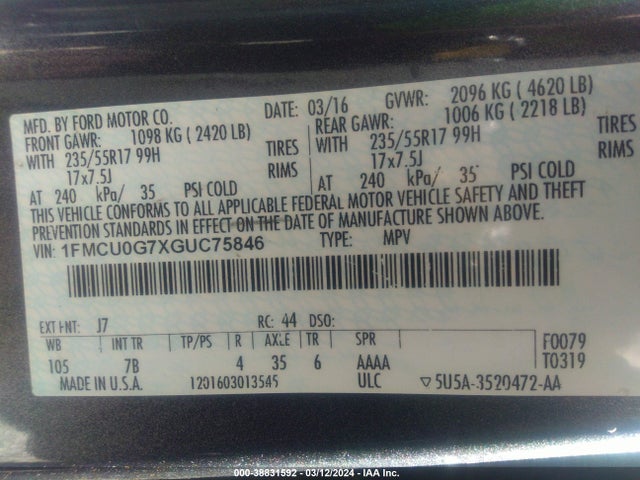 Ford ESCAPE SE 2016 1FMCU0G7XGUC75846 Image 9