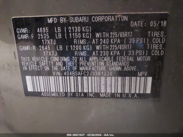 Subaru Outback 2.5i Premium 2018 4S4BSAFC2J3381338 Image 9
