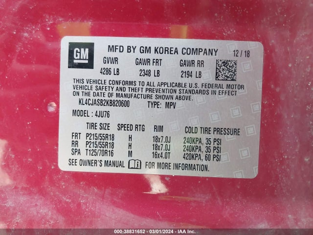 KL4CJASB2KB820600 Buick Encore Fwd Preferred