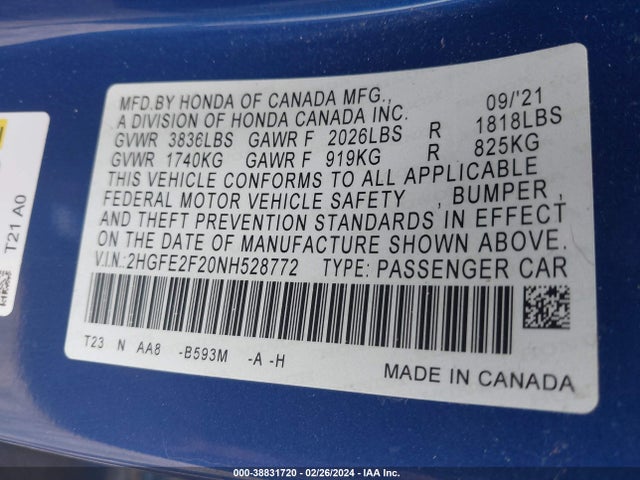 Honda Civic Lx 2022 2HGFE2F20NH528772 Image 9
