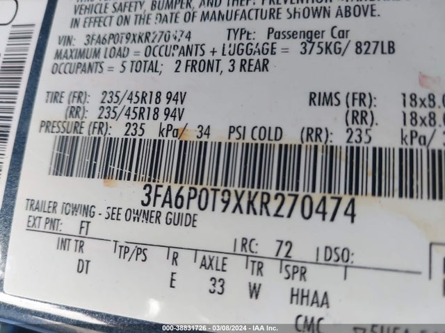 Ford FUSION SE 2019 3FA6P0T9XKR270474 Image 9