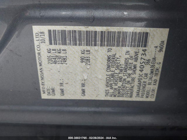 Nissan Maxima 3.5s/sv/sl/sr/plat 2018 1N4AA6AP0JC405734 Image 9